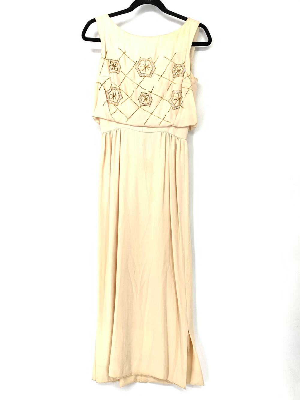 VTG 50s Women's Size XS Sequins Embroidered Side Slit Sheath Dress Cream *FLAWS